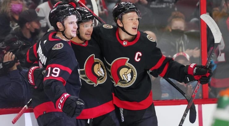 Image of Senators forwards Brady Tkachuk, Drake Batherson and Josh Norris